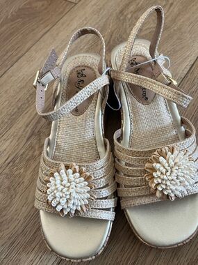 Self Esteem Beige Raffia Wedge Slingback Sandals with Floral Accent